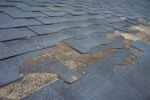 Close up view of bitumen shingles roof damage that needs repair.